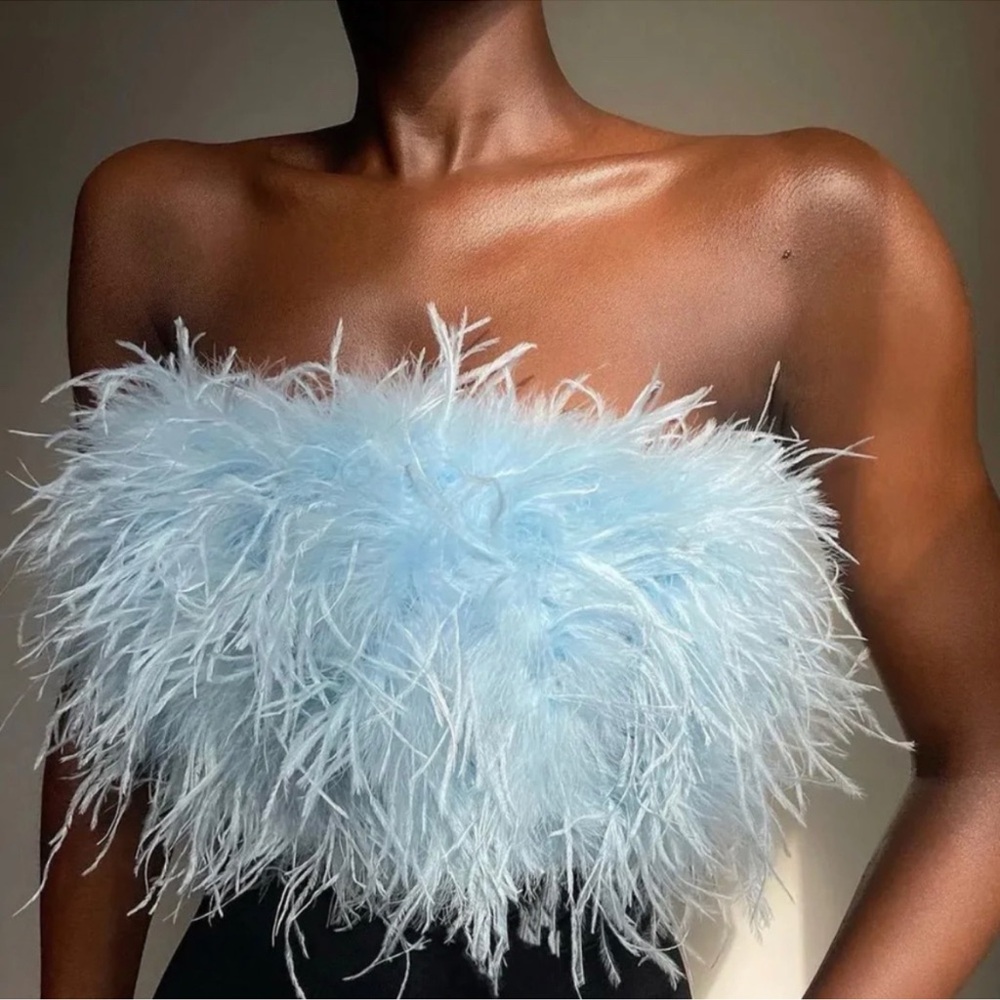 Fashion Nova Luxe Elegant Blue Feathered Women's Strapless Blouse